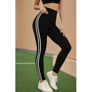 Kadın Yüksek Bel Yanları şerit Detaylı Uzun Sporcu Tayt