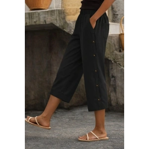 Kadın Yüksel Bel Lastikli Yandan Dügme Detaylı Midi Pantolon