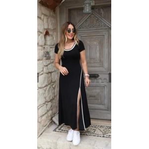 Kadın Yuvarlak Ribana Yaka Beyaz Yırtmaç Detaylı Viskon Tam Boy Elbise