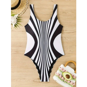Kadın Yuvarlak Yaka Askılı Zebra Desen Baskılı Dalgıç Mayo
