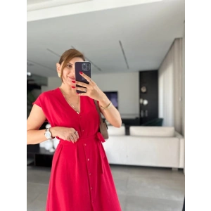 Kadınn V Yaka Düğme Detay Kuşak Dahil Elbise