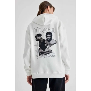 Kapüşonlu Sırt Baskılı Üç İplik Oversize Sweatshirt - Beyaz