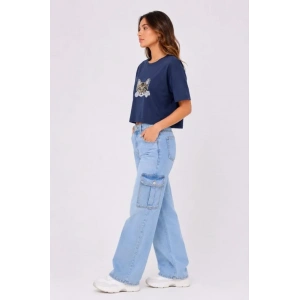 Kedi Baskılı Oversize Crop Tişört Salaş Basic Yarım Kol T-shirt - Lacivert