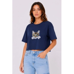 Kedi Baskılı Oversize Crop Tişört Salaş Basic Yarım Kol T-shirt - Lacivert