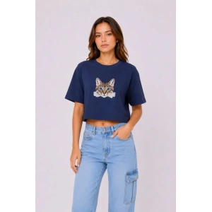 Kedi Baskılı Oversize Crop Tişört Salaş Basic Yarım Kol T-shirt - Lacivert