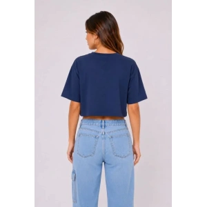 Kedi Baskılı Oversize Crop Tişört Salaş Basic Yarım Kol T-shirt - Lacivert