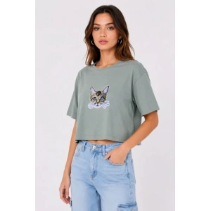 Kedi Baskılı Oversize Crop Tişört Salaş Basic Yarım Kol T-shirt - Mint Yeşili