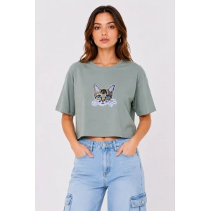 Kedi Baskılı Oversize Crop Tişört Salaş Basic Yarım Kol T-shirt - Mint Yeşili