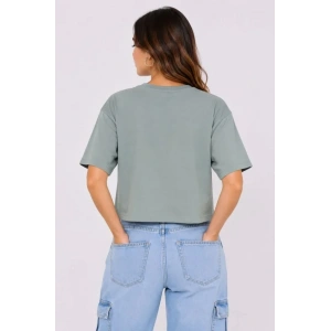 Kedi Baskılı Oversize Crop Tişört Salaş Basic Yarım Kol T-shirt - Mint Yeşili