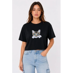 Kedi Baskılı Oversize Crop Tişört Salaş Basic Yarım Kol T-shirt - Siyah