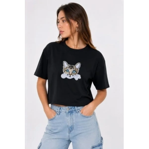 Kedi Baskılı Oversize Crop Tişört Salaş Basic Yarım Kol T-shirt - Siyah
