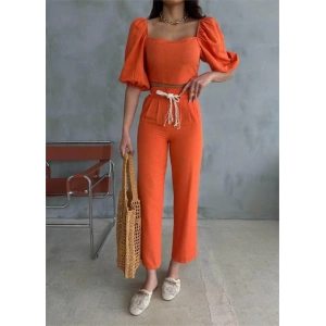 KETEN CROP KARPUZ KOL BLUZ-PANTOLON HASIR KEMERLİ - Orange