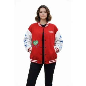 Kırmızı Varsity Çıtçıtlı Baskılı Oversize Kalıp Kolej Ceket - Kırmızı