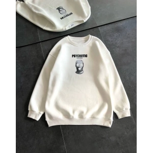 Kışlık Bisiklet Yaka Baskılı SweatShirt - Beyaz