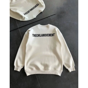 Kışlık Bisiklet Yaka Oversize Baskılı SweatShirt - Beyaz