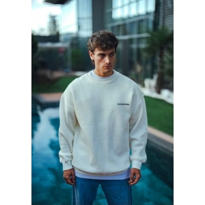 Kışlık Bisiklet Yaka Oversize Baskılı SweatShirt - Beyaz