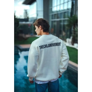 Kışlık Bisiklet Yaka Oversize Baskılı SweatShirt - Beyaz