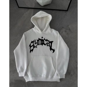 Kışlık Kapşonlu Baskılı Oversize SweatShirt- Beyaz