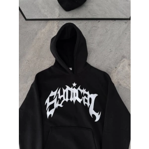 Kışlık Kapşonlu Baskılı Oversize SweatShirt- Siyah
