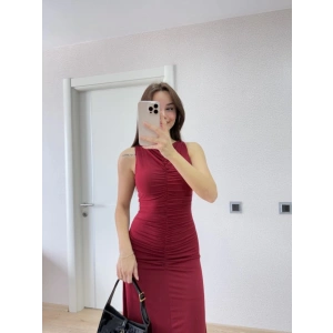 Kolsuz Büzgülü Uzun Elbise - Kırmızı