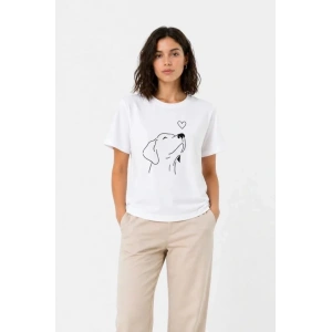 Köpek Figürlü Minimal Baskılı Tişört Kısa Kol Yazlık T-Shirt - Beyaz