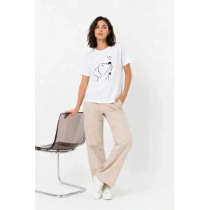 Köpek Figürlü Minimal Baskılı Tişört Kısa Kol Yazlık T-Shirt - Beyaz