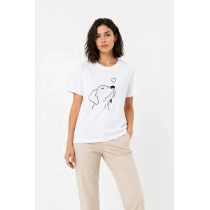 Köpek Figürlü Minimal Baskılı Tişört Kısa Kol Yazlık T-Shirt - Beyaz