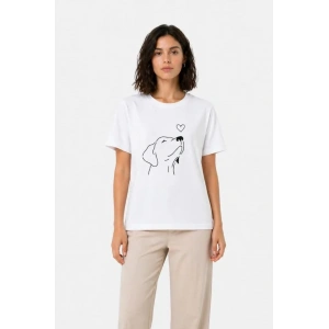 Köpek Figürlü Minimal Baskılı Tişört Kısa Kol Yazlık T-Shirt - Beyaz