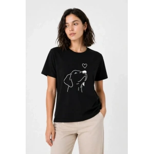 Köpek Figürlü Minimal Baskılı Tişört Kısa Kol Yazlık T-Shirt - Siyah