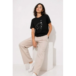 Köpek Figürlü Minimal Baskılı Tişört Kısa Kol Yazlık T-Shirt - Siyah