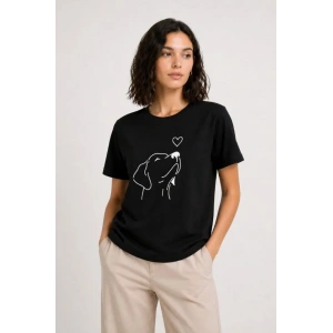 Köpek Figürlü Minimal Baskılı Tişört Kısa Kol Yazlık T-Shirt - Siyah
