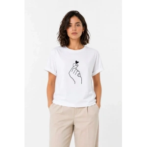 Kore Parmak Kalp Aşk Temalı Minimal Baskılı Tişört Yazlık Kısa Kol T-Shirt  - Beyaz