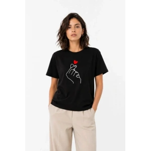 Kore Parmak Kalp Aşk Temalı Minimal Baskılı Tişört Yazlık Kısa Kol T-Shirt - Siyah