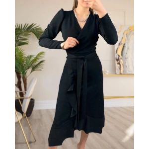 Krep Kumaş Midi Boy Kuşaklı Uzunkol Elbise 113 Cm