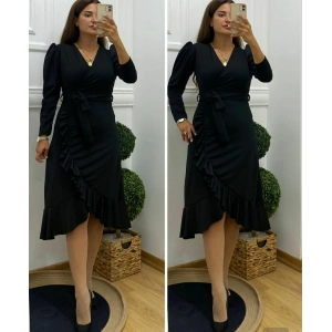 Krep Kumaş Midi Boy Kuşaklı Uzunkol Elbise 113 Cm