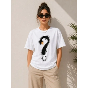 Kuğu Figürlü Soru İşareti Baskılı Tişört Kısa Kol T-Shirt - Beyaz