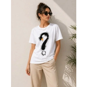 Kuğu Figürlü Soru İşareti Baskılı Tişört Kısa Kol T-Shirt - Beyaz