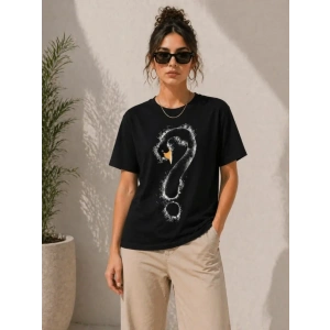 Kuğu Figürlü Soru İşareti Baskılı Tişört Kısa Kol T-Shirt - Siyah