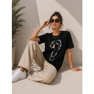 Kuğu Figürlü Soru İşareti Baskılı Tişört Kısa Kol T-Shirt - Siyah