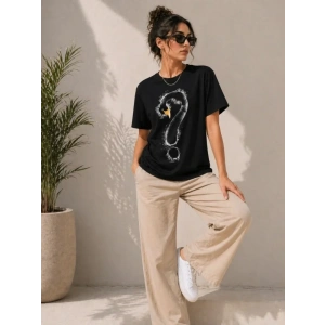 Kuğu Figürlü Soru İşareti Baskılı Tişört Kısa Kol T-Shirt - Siyah