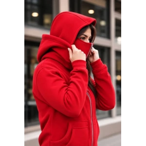 Maskeli Ninja Model Çift Kapüşonlu 3 İplik Şardonlu Fermuarlı Oversize Sweatshirt - Kırmızı