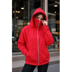 Maskeli Ninja Model Çift Kapüşonlu 3 İplik Şardonlu Fermuarlı Oversize Sweatshirt - Kırmızı