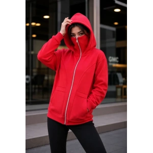 Maskeli Ninja Model Çift Kapüşonlu 3 İplik Şardonlu Fermuarlı Oversize Sweatshirt - Kırmızı