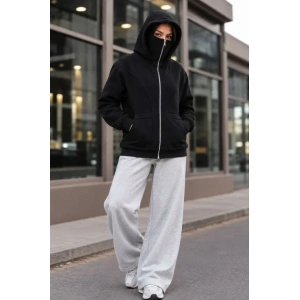 Maskeli Ninja Model Çift Kapüşonlu 3 İplik Şardonlu Fermuarlı Oversize Sweatshirt - Siyah