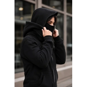 Maskeli Ninja Model Çift Kapüşonlu 3 İplik Şardonlu Fermuarlı Oversize Sweatshirt - Siyah