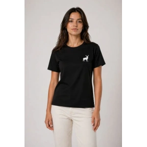 Minimal Geyik Logolu Tişört Bisiklet Yaka Kısa Kol Yazlık T-Shirt - Siyah