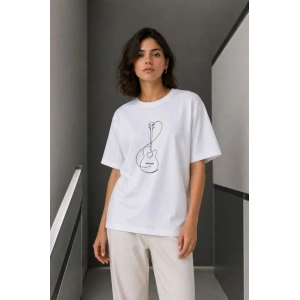 Minimal Gitar Baskılı Tişört T-Shirt Yazlık Kısa Kol Bisiklet Yaka T-Shirt  - Beyaz