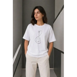 Minimal Gitar Baskılı Tişört T-Shirt Yazlık Kısa Kol Bisiklet Yaka T-Shirt  - Beyaz