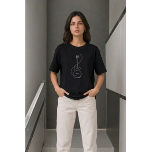 Minimal Gitar Baskılı Tişört T-Shirt Yazlık Kısa Kol Bisiklet Yaka T-Shirt - Siyah