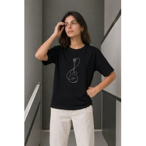 Minimal Gitar Baskılı Tişört T-Shirt Yazlık Kısa Kol Bisiklet Yaka T-Shirt - Siyah